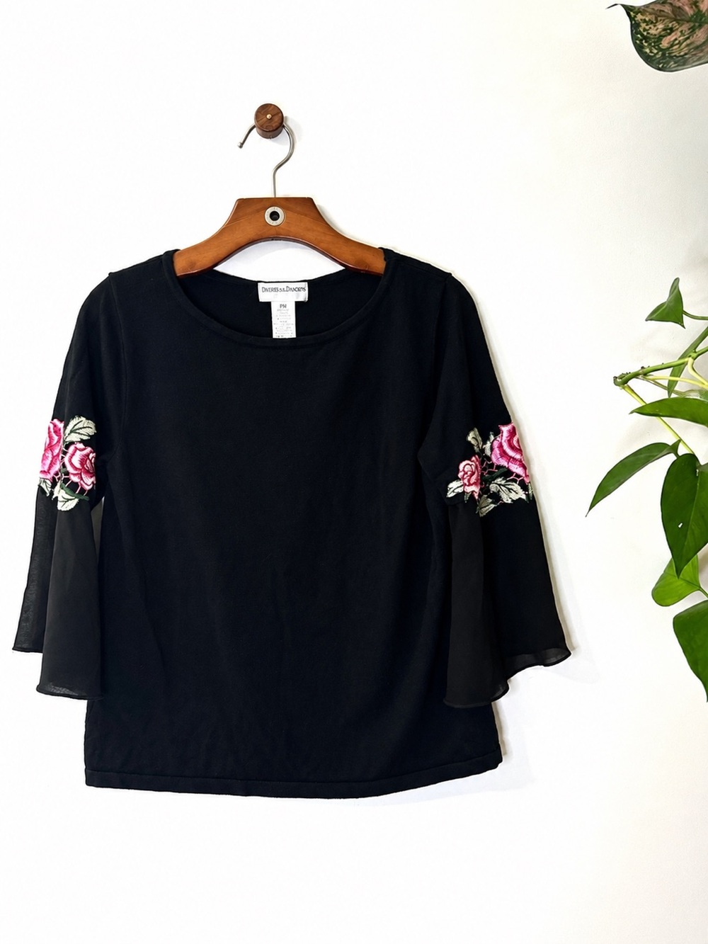 Draper’s & Damon’s Petites Black Embroidered Bell Sleeve Blouse Women PM